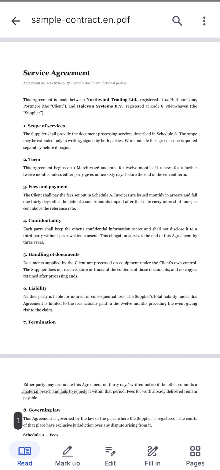 PDFMason showing a two-page contract, with reading, mark up, edit, fill in and page tools along the bottom